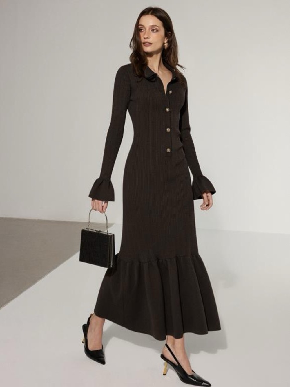 Long Sleeve brown Ribbed Button-Front Maxi Dress with Flounce Hem